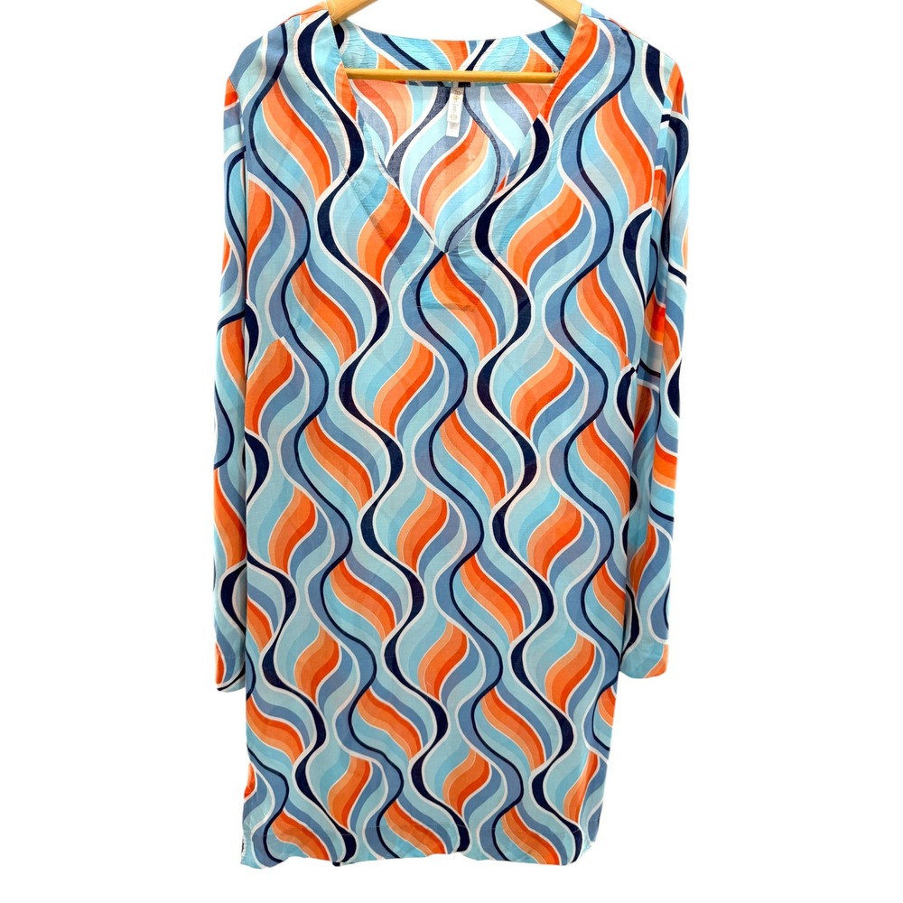 Helen Jon Rayon V Neck Swim Cover Up Dress M Orange Blue Retro Geometric Wave